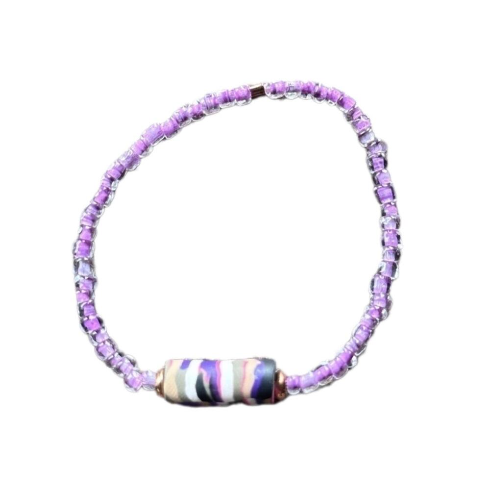Handmade bracelet polymer clay bead purple multi colored